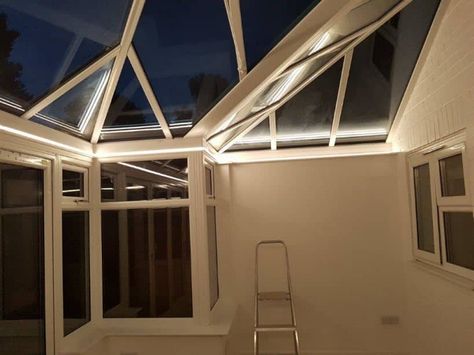 Conservatory Fairy Light Ideas, Conservatory Lamp, Conservatory Lighting Ideas, Conservatory Fairy Lights, Solid Roof Conservatory Interior, Conservatory With Solid Roof, Diy Conservatory, Conservatory Lighting, Edwardian Conservatory