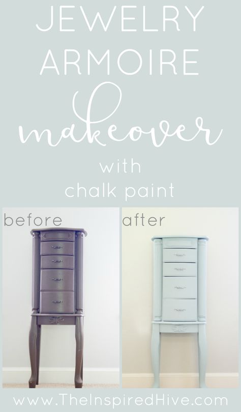 Painting Jewelry Armoire, Painted Jewelry Armoire Diy, Paint A Jewelry Armoire, Chalk Paint Jewelry Armoire, Refurbished Jewelry Armoire, Paint Jewelry Box Diy, Jewelry Armoire Diy, Jewelry Armoire Makeover, Armoire Diy