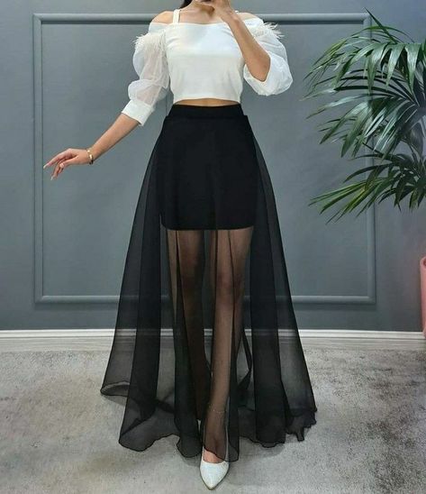 Sheer Dress Outfit Classy, Sheer Outfit Ideas, Black Mesh Skirt, Trendy Outfits Indian, Simple Frocks, Modest Dresses Casual, Trendy Dress Outfits, Sheer Skirt, Designer Dresses Casual