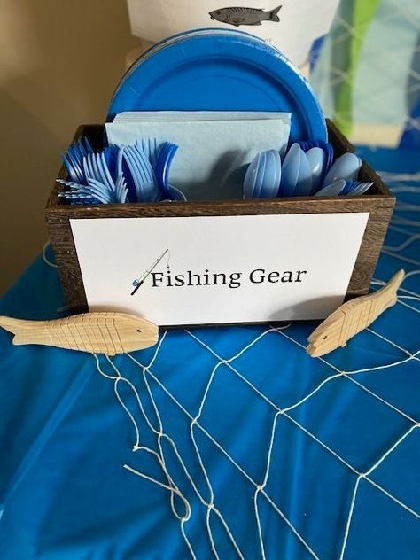 Bait Shop Birthday Party, Going Fishing Party Ideas, Fishing Themed One Year Birthday, Fisherman Themed Birthday Party, Gone Fishing 1st Birthday Party, Fishing Themed Birthday Party Games, Fish Retirement Party Ideas, Fishing Theme Birthday Food, Fishing 30th Birthday Party