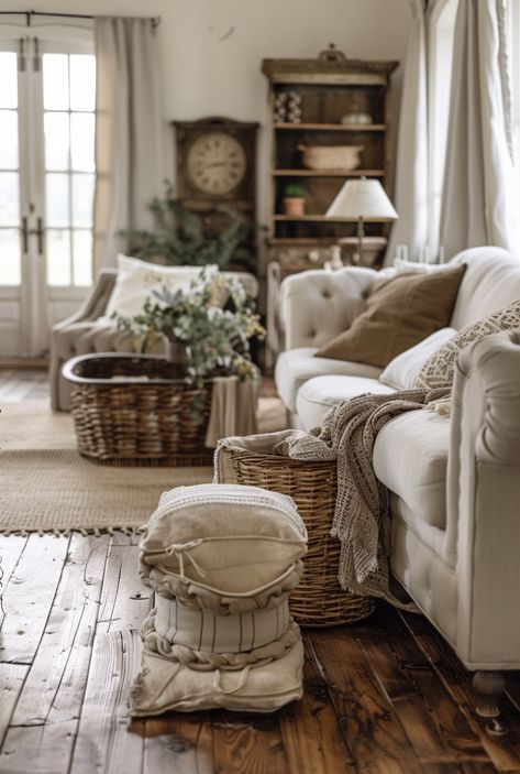 40 inspiring farmhouse living room ideas that blend rustic charm with modern comfort. Transform your space into a cozy, welcoming haven with our expert tips #modernfarmhousebedroom Modern Farmhouse Grey Couch, Cottage Country Living Room, Farmhouse Vintage Decor, Rustic Living Room Ideas Farmhouse Style, Cottage Core Livingroom, White Sofa Living Room Ideas, Grey Farmhouse Decor, Farmhouse Glam Decor, Minimal Farmhouse Decor