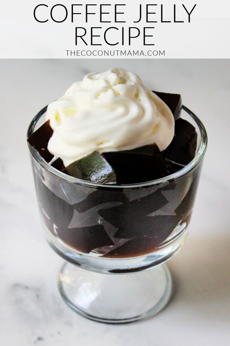 Coffee jelly is a delicious dessert jello made with strong brewed coffee, sugar, and gelatin. Topped with whipped cream or served as a beverage, this easy dish is perfect for all coffee lovers. Coffee Gelatin Dessert, Gelatin Recipes Desserts, Coffee Jelly Recipe, Coffee Jello Recipe, Coffee Jello, Jello Mold Recipes, Coffee Jelly, Beef Gelatin, Gelatin Recipes