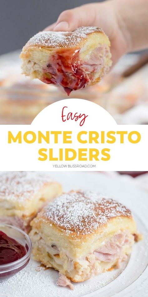 Monte Cristo Sliders are just like the classic sandwich, in mini form! Stuffed full of ham, turkey and cheese, and served with powdered sugar and jam. Easy Brunch Sandwiches, Easy Monte Cristo Sliders, Ham And Biscuit Sliders, Sliders Monte Cristo, Holiday Ham Sliders Recipe, Easy Mini Sandwiches, Turkey Ham And Cheese Sliders, Monte Christopher Pinwheels, Football Sunday Sliders