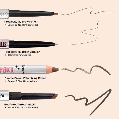 Discover which brow pencil is for YOU! 😍 Precisely, My Brow Pencil: Achieve natural brows with this 1.5mm tip. Precisely, My Brow Detailer: Get into the fine details with this .8mm tip to achieve your dream brow. Gimme Brow+ Volumizing Pencil: Fluffy, textured brows is easily achieved with this fiber powder brow pencil. Goof Proof Brow Pencil: Effortlessly fill in your brows with this large triangular tip. Benefit Goof Proof, Fiber Powder, Goof Proof Brow Pencil, Precisely My Brow Pencil, Mac Lip, Gimme Brow, Waterproof Eyebrow Pencil, Neutral Blonde, Filling In Eyebrows