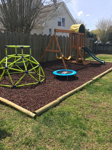 Backyard Inspo For Kids, Backyard Inspiration Kids, Diy Outdoor Playscape, Diy Playground Backyard Play Spaces, Play Set Backyard, Play Areas For Kids Outdoor, Outdoor Kid Play Areas, Small Play Area Outdoors, Kids Area In Garden