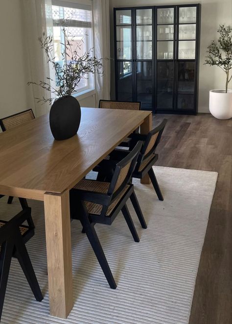 Black Chairs Dining Table, Dining Table In Lounge, Black Accent Dining Chair, Large Black Dining Table, Dining Room Design Black Chairs, Cane Chairs Dining Room, Dinning Table Sets, Kitchen Dining Inspiration, Modern Style Dining Room