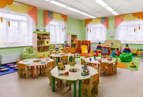 study room in the kindergarten by Dreamer63 on @creativemarket Montessori Classroom Furniture, Daycare Furniture, Kindergarten Photos, Daycare Rooms, Kindergarten Interior, Preschool Furniture, Preschool Designs, Classroom Interior, Daycare Decor