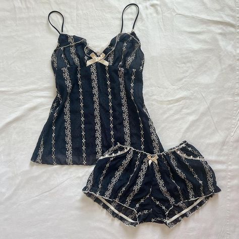 Whimsigoth Pyjamas, 80s Pajamas, Navy Pajamas, Blue Lace Trim Sleepwear With Spaghetti Straps, 80s Pajamas Vintage, Blue V-neck Sleepwear With Lace Trim, Sleep Set, Navy Women, Pajama Shorts