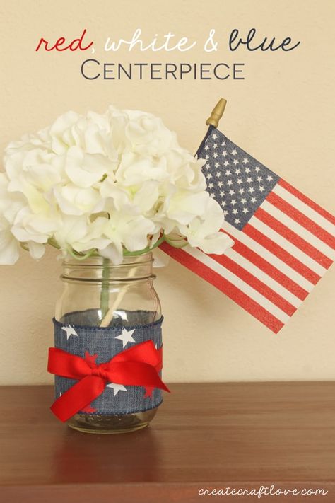 Red White And Blue Centerpiece Ideas, Patriotic Centerpieces Diy, Summer Table Centerpieces, Patriotic Centerpieces, Centerpiece Craft, Blue Centerpieces, Military Retirement, Blue Crafts, July Decor