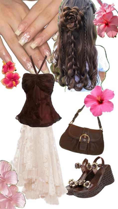 brown outfit lace hibiscus wedge heels hair style ootd Boho Style Outfits, Dress Aesthetic, Vintage Fits, Swaggy Outfits, Cute Everyday Outfits, Really Cute Outfits, Summer Fashion Outfits, Dream Clothes, Fashion Killa