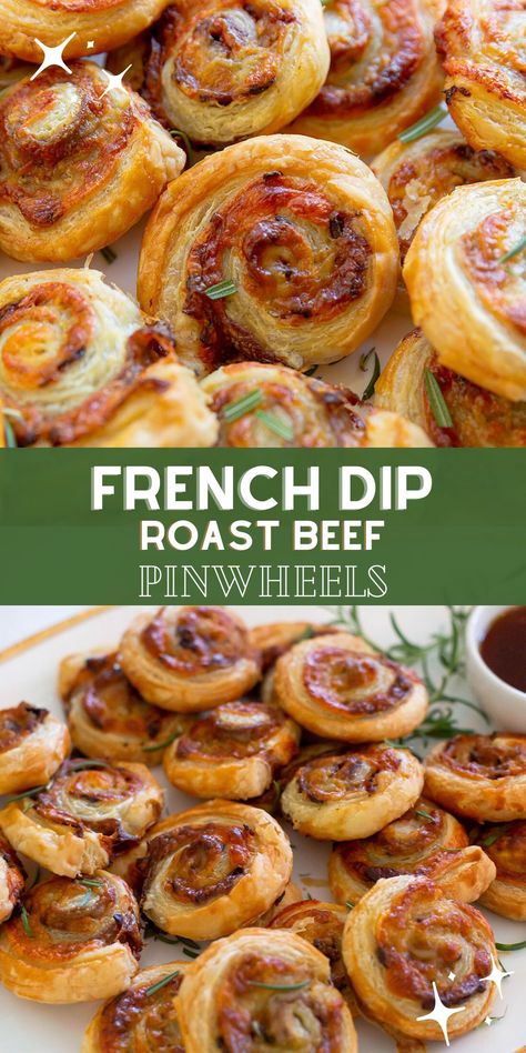 These French Dip Roast Beef Pinwheels are the ultimate holiday appetizer! Made with flaky puff pastry, savory roast beef, and melted provolone, they’re perfect for holiday hosting. 🎄🥂 #HolidayAppetizers #BeefRecipes #HolidayHosting #EasyEntertaining #Ad #Beeffarmersandranchers #beefuptheholidays @beeffordinner Roast Beef Sandwich Toppings, French Dip Roast Beef Pinwheels, Beef Appetizers For Party Fancy, Roast Beef Appetizers Parties, Roast Beef Puff Pastry, Philly Cheesesteak Appetizer, Appetizer Recipes Beef, French Dip Pinwheels, Chipped Beef Pinwheels