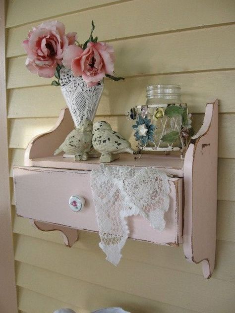 shabby Pink Wall Shelf, Wall Shelf With Drawer, Shelf With Drawer, Vibeke Design, Decoration Shabby, Cottage Shabby Chic, Shabby Chic Room, Gift Shops, Shabby Chic Bathroom