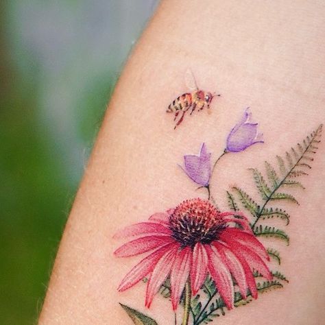 Cone Flower Tattoo, Coneflower Tattoo, Coneflower Garden, Los Angeles Tattoo, California Tattoo, Fern Tattoo, La Tattoo, Wildflower Tattoo, Botanical Tattoo