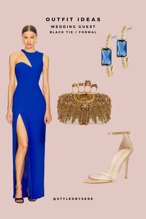 Bring on the feel of royalty at your black tie / formal weddings this summer in a royal blue, sliced gown. Nude heels keeps the attention on the vibrant dress. Add antique gold jewelry for a regal vibe. Wedding guest dress, you're ready! Royal Blue Wedding Dress Guest, Cobalt Blue Dress Outfit Wedding, Royal Blue Wedding Guest Dress, Cobalt Blue Dress Outfit, Royal Blue Dress Outfit, Oct Wedding, Wedding Guest Black Tie, Royal Blue Evening Gown, Blue Dress Accessories