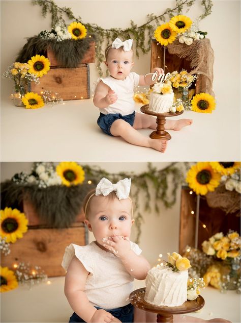 One Year Sunflower Photoshoot, Sunflower Cake Smash First Birthdays, Sunflower First Birthday Photoshoot, Wild One Sunflower Birthday, One Year Old Sunflower Photoshoot, Sunflower 1st Birthday Photoshoot, Sunflower Smash Cake 1st Birthdays, Fall Cake Smash Girl, Sunflower First Birthday Girl