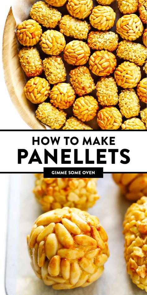 This traditional Catalan panellets recipe is easy to make with just 6 ingredients and fun to customize with different toppings (such as pine nuts, almonds, coconut, cocoa and more). | gimmesomeoven.com #panellets #dessert #catalonia #spain #marzipan Pine Nut Recipes, Spanish Desserts, Gimme Some Oven, Catalonia Spain, Recetas Keto, How To Cook Potatoes, Snacks Recipes, Roasted Sweet Potatoes, Pine Nuts