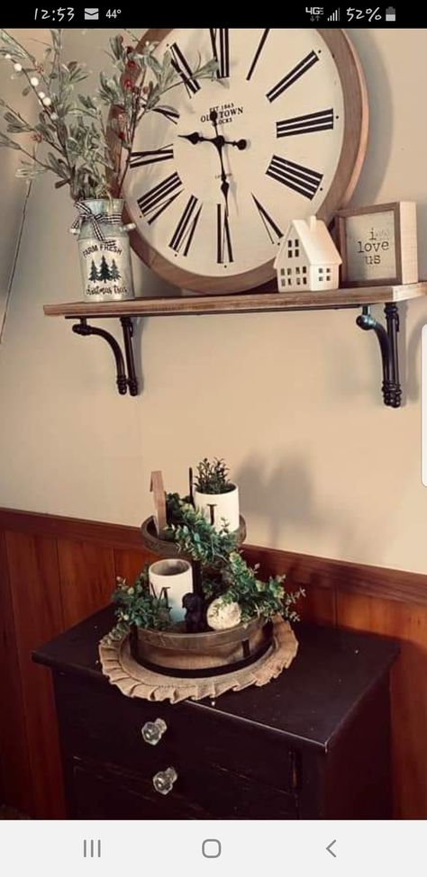 Dining Room Wall Decor With Clock, Wall Clock Styling, Clock And Shelf Wall Decor, Clock On Shelf, Wall Decor With Clock, Dining Room Clock, Large Wall Decor Living Room, Dining Room Shelves, Rustic Wall Shelves