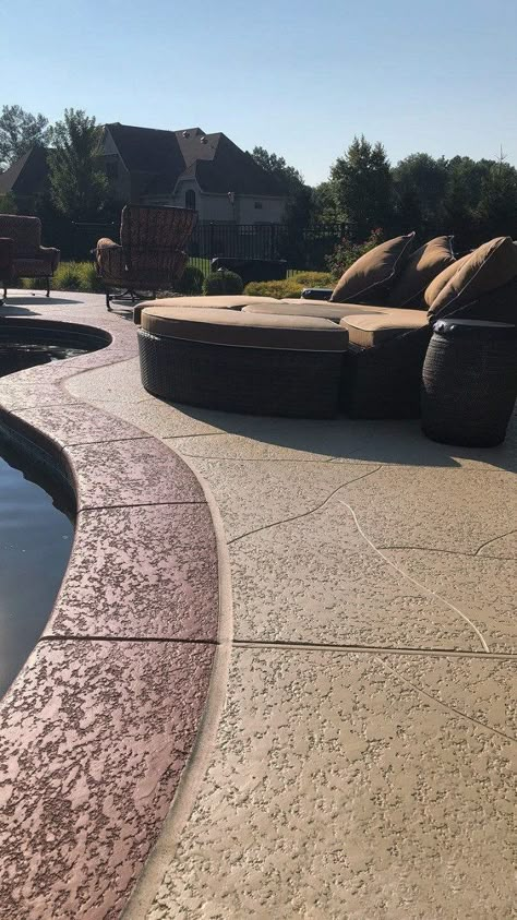 Stained Concrete Around Pool Ideas, Concrete Decking Around Pool, Kool Decking Around Pool, Stamped Concrete Pool Coping, Pool Surface Ideas, Pool Deck Flooring Ideas, Pool Deck Paint Ideas Concrete, Stamped Concrete Pool Deck Ideas, Pool Concrete Deck Ideas