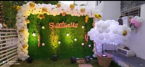 Birthday party decorations For more details and party bookings call: 9849914967, 8885747027. Green Mat Backdrop Decoration, Birthday Decors, Leaf Decor Wedding, Design Balloon, Birthday Theme Decoration, Simple Stage Decorations, Simple Birthday Decorations, Green Mat, Swami Samarth