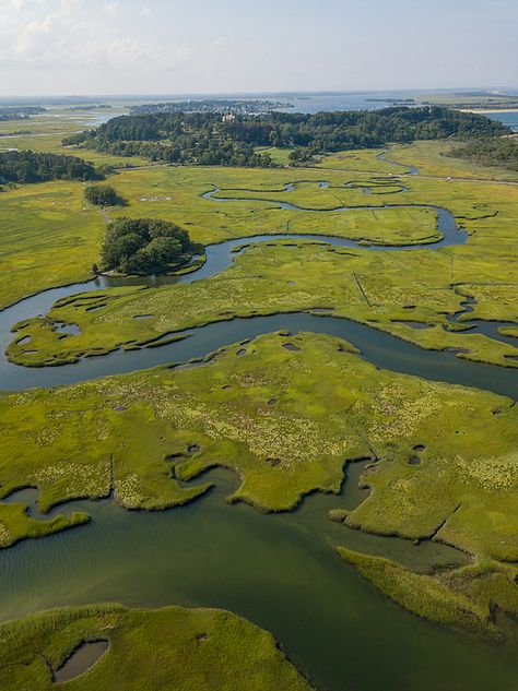 Aerial Photograph of Wetland Estuary Photograph by StuartDuncanSmith Wetland Photography, Estuary Photography, Grassland Biome, New England Usa, Nature Projects, Green Ideas, Aerial Images, Aerial Photograph, Landscape Concept