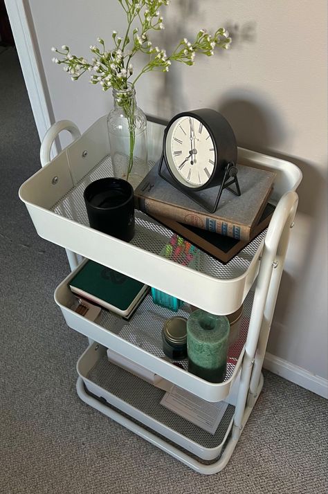 Bedside Cart Night Stands, Cart Nightstand Aesthetic, Dorm Nightstand Ideas, Rolling Cart Aesthetic, Small Uni Room Ideas Uk, Cart In Bedroom, 3 Tier Rolling Cart Ideas, Cart Bedside Table, Book Carts Aesthetic