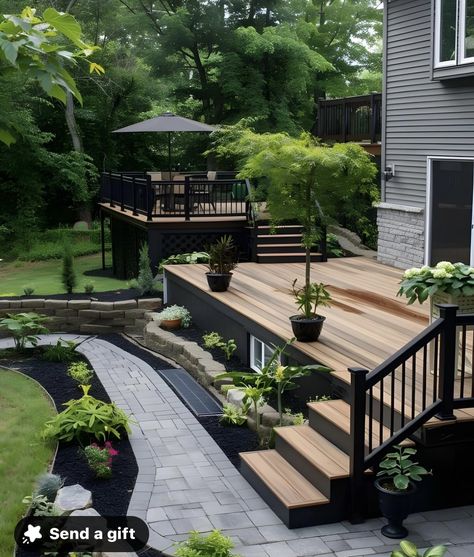 Back Deck Landscaping, Front Deck Landscaping Ideas, Front Yard Landscaping With Deck, Deck Landscaping Ideas Plants, Landscape Around Deck, Deck And Patio Combo Backyards, Hardscape Ideas Backyard, Deck Landscaping Ideas, Backyard Hardscape Ideas