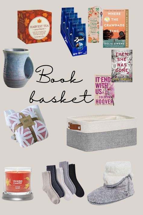 Make someone you love a book basket to show how much you care. Here are some ideas! #books #booklover #giftideas #giftforher #lovebooks Themed Book Baskets, Book Lovers Basket Gift Ideas, Book Lover Gift Basket Ideas, Christmas Book Basket, Vegan Gift Basket Ideas, Book Basket Exchange, Book Basket Gift Ideas, Journal Gift Basket, Book Lover Gift Basket