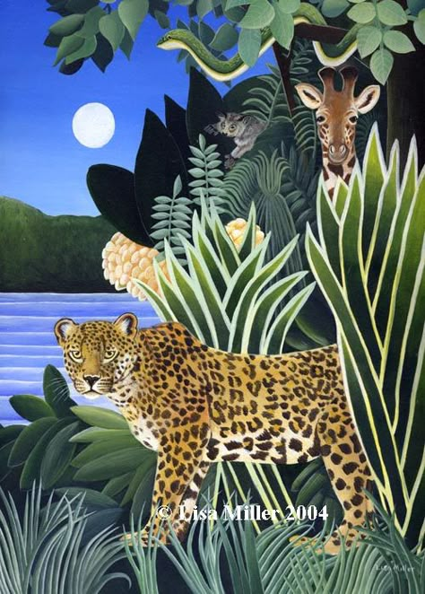 'African Jungle' in the style of Henry Rousseau by Lisa Miller Jungle Scene Painting, African Jungle Art, Henri Rousseau Jungle, Jungle Painting Acrylic, Jungle Art Painting, Jungle Animals Illustration, Jungle Drawings, Jungle Wall Painting, Henry Rousseau