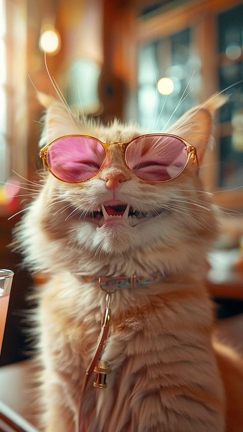 Cat In Sunglasses, Cat Rocks, Funny Animal Faces, Cat Brain, Playful Expression, Funny Cat Faces, Funny Cat Photos, Pink Sunglasses, Retro Cats