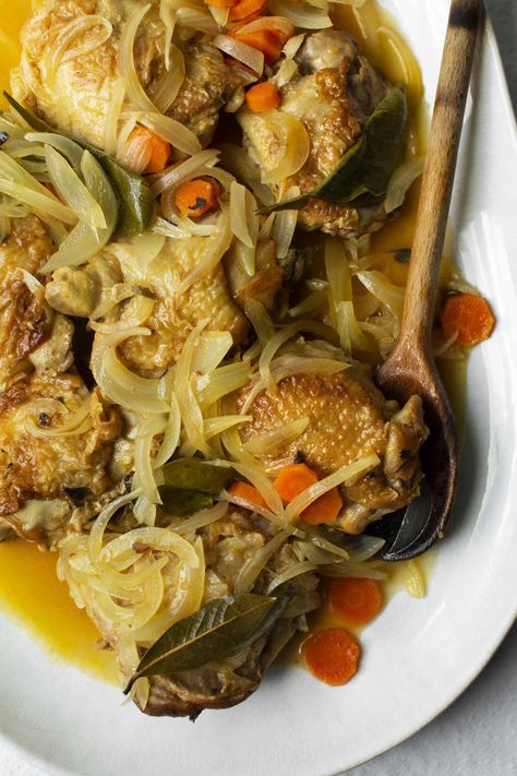 From “The Chilean Kitchen” by Houstonian Pilar Hernandez and co-author Eileen Smith Pickled Chicken, Orange Leaf, White Wine Vinegar, Drink Ideas, Sauvignon Blanc, Chicken Seasoning, Yellow Onion, Pad Thai, Chicken Thighs