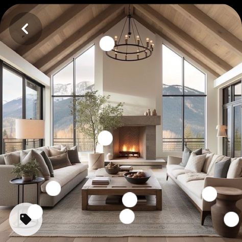 Modern Tudor Living Room, Living Room High Ceiling Design, Italian Bungalow, Pitched Ceiling Living Room, Vaulted Ceiling With Fireplace, Fireplace Tall Ceilings, Cathedral Living Room, Fireplace With Windows, Two Way Fireplace