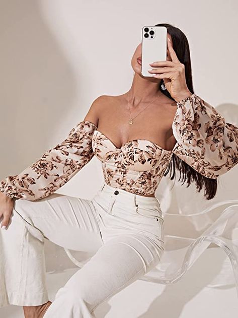 Available in 4 more colors!
 Floral print, bishop long sleeve, off the shoulder, lace up back, tie back, blouse crop top
Suitable for holiday, dating, weekend, travel, going out, vacation, casual wear, summer Ruffle Long Sleeve, Crop Top Outfits, Bishop Sleeve, Weekend Outfit, Crop Top Blouse, Shoulder Crop Top, 5 S, Lantern Sleeves, Sleeve Detail