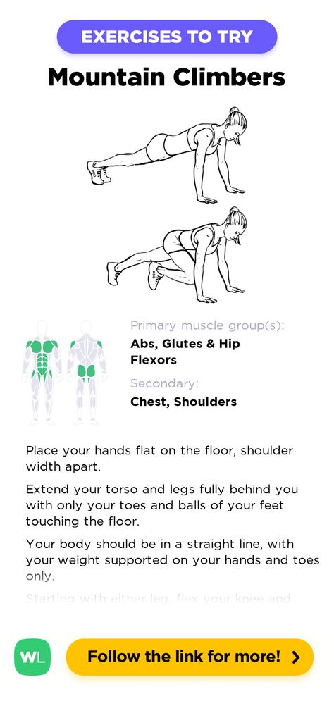 Mountain Climbers is a at-home work out exercise that targets abs and glutes & hip flexors and also involves chest and shoulders. Follow the Pin link for full instructions for how to perform this exercise correctly and visit WorkoutLabs.com for more exercises, workouts, training plans and more simple fitness resources! ©WorkoutLabs Mountain Climber Exercise, Hip Flexors, Mountain Climbers, Hip Flexor, Effective Workouts, Workout Guide, Training Plan, Workout Machines, Muscle Groups