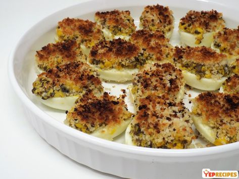 Hard boiled eggs stuffed with mushrooms and cheese then topped with breadcrumbs and broiled until golden brown. Egg Appetizer, Stuffed Eggs, Easter Dishes, Egg Roll Recipes, Corn Beef And Cabbage, Polish Recipes, Dinner Is Served, Chicken Wing Recipes, Wing Recipes