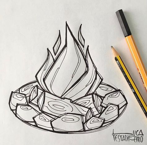 How To Draw A Campfire, Camp Fire Drawing Reference, Fire Drawing Ideas, Drawing Of Fire, Simple Fire Drawing, Fire Simple Drawing, Fire Ink Drawing, Fire Line Drawing, Fire Doodle Simple