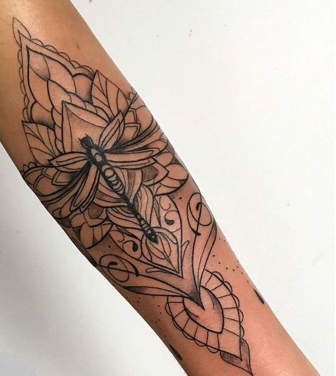 Tattoos With Dragonflies, Woman’s Half Sleeve Ideas, Dragonfly Tattoo On Calf, Dragonfly Half Sleeve Tattoo, Dragonfly Arm Tattoos For Women, Dragonfly Sleeve Tattoo, Wings Tattoo Meaning, Dragonfly Mandala, Dragonfly Tattoos