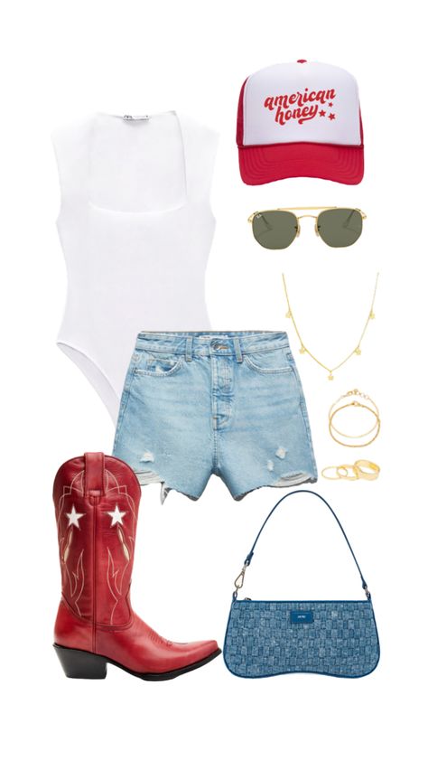 4th of july outfit #outfitinspo #outfit #outfits #outfitinspiration #fashion #fashioninspo #fashionaesthetic #ootd #4thofjuly #4thofjulyoutfit #4thofjulyfit Usa Cowgirl Outfit, Usa Country Concert Outfits, Barefoot Country Music Fest Outfits, Bad Bunny Inspired Outfits, Stagecoach 2024, Calgary Stampede Outfits, Cma Fest Outfit, 4th July Outfit, Country Thunder Outfits