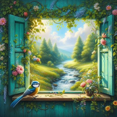 Ventana Aesthetic, Window View Illustration, Hur Man Målar, Landscape Canvas Art, Disney Princess Pictures, Simple Acrylic Paintings, Window View, Farm Yard, Nature Paintings