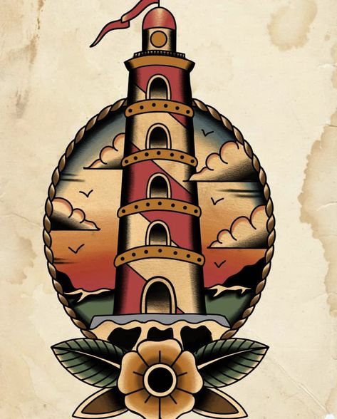 Light House Traditional Tattoo, Traditional Lighthouse Tattoo Design, Old School Tattoo Lighthouse, American Traditional Lighthouse, Lighthouse Traditional Tattoo, Old School Lighthouse Tattoo, American Traditional Lighthouse Tattoo, Tatuajes Old School, Traditional Tattoo Painting