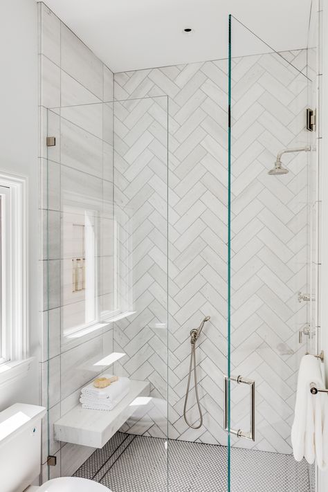 Steam Showers Bathroom, Herringbone Tile, Bathroom Renos, Bathroom Remodel Master, Bath Remodel, Glass Shower, Full House, White Bathroom, Walk In Shower