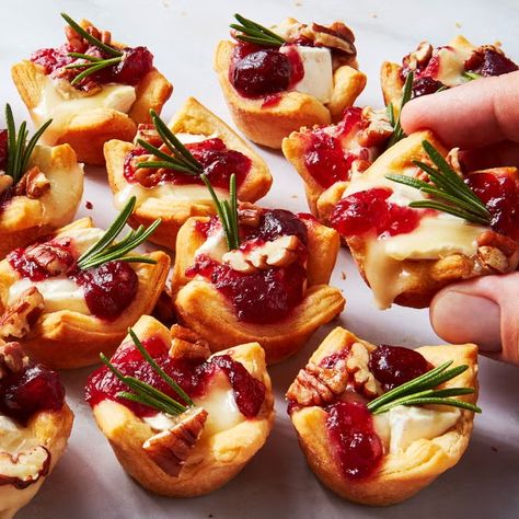 Cranberry Brie Bites Thanksgiving Potluck Recipes, Mini Aperitivos, Cranberry Brie Bites, Fall Appetizers Easy, Cranberry Brie, Thanksgiving Potluck, Brie Bites, Fall Appetizers, Appetizer Bites