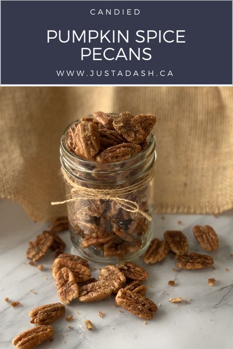 These are the easiest Candied Pumpkin Spice Pecans you will ever make!  This pecan recipe took 2 minutes to prep and under 10 minutes to complete using the stove top.  It is a must for snacking, salads and holiday treats!  #pumpkinspice #pecans #pecan #candiedpecans #desserts #snacks #saladtoppings #imsomartha #justadashofsugar Candied Pumpkin Spice Pecans, Sour Cream Chive Dip, Candied Pumpkin, Pecan Recipe, Pumpkin Spice Pecans, Salad Topping, Spiced Pecans, Desserts Snacks, Easy Chocolate Chip Cookies