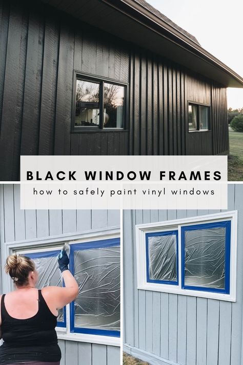 Everything you need to know about how to paint windows black! Paint your vinyl or wood window frames with this tutorial and helpful tips! Great ideas for prepping your windows, priming vinyl frames, and using vinyl safe paint. Great formula example for vinyl safe painted window frames. Love the look of these black windows against the charcoal siding (in the colour Iron Ore by Sherwin Williams), and brown roof shingles. Amazing exterior makeover! Paint Windows Black, Painting Vinyl Windows, Black Windows Exterior, Painted Window Frames, Vinyl Window Trim, Windows Black, Wood Window Frame, Black Window Frames, Vinyl Windows