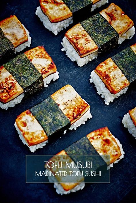 Easy Tofu Musubi - Marinated Tofu Sushi Recipe Tofu Musubi, Vegan Tofu Recipes, Musubi Recipe, Tofu Sushi, Easy Tofu, Sushi Recipe, Tofu Recipes Vegan, Spam Musubi, Vegan Tofu