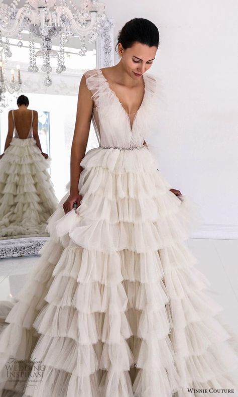 winnie couture 2022 bridal sleeveless flutter sleeve v neckline tiered ruffle skirt a line ball gown wedding dress chapel train (5) mv -- Winnie Couture Wedding Dresses | Wedding Inspirasi #wedding #weddings #bridal #weddingdress #weddingdresses #bride #fashion #collection:20thAnniversaryCollection #label:WinnieCouture #week:342022 #year:2022 ~ Tulle Ruffle Wedding Dress, Ruffle Skirt Wedding Dress, Layered Tulle Wedding Dress, Wedding Dress Ruffle, Layered Wedding Dresses, A Line Ball Gown, Tiered Wedding Dress, Ruffle Skirts, Couture Wedding Dress