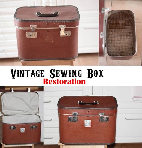 Turn A Suitcase Into A Sewing Case, Vintage Train Case Repurposed, Sewing Box Ideas Diy, Sewing Box Ideas, Gas Cookers, Vintage Sewing Rooms, Sewing Kits Diy, Suitcase Decor, Thread Craft