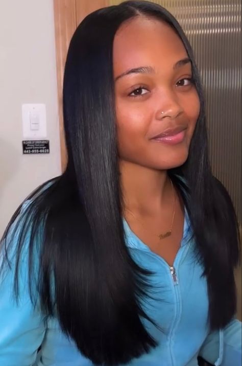 Leave Out Middle Part, 90s Silk Press, Yaki Straight Sew In, Straight Sew In, Extensions Hairstyles, Textured Lob, Lob Haircuts, Pressed Natural Hair, Silk Press Natural Hair