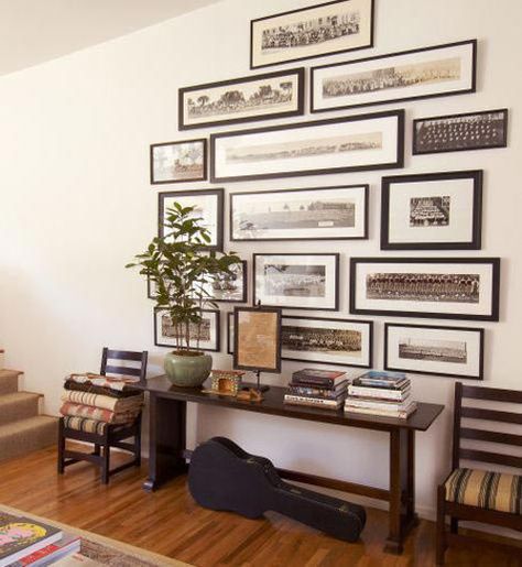 horizontal frame wall Stairwell Gallery, Painted Hallway, Pine Paneling, Panoramic Pictures, Gallery Wall Design, Framed Pictures, Hal Decor, Knotty Pine, Entry Hallway