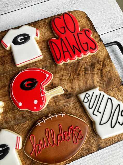 Georgia Bulldogs Cookies, Uga Birthday Party Decorations, Uga Cookies, Uga Cake, Bulldog Cookies, Georgia Bulldogs Cake, 7th Birthday Party For Boys, Bulldog Cake, Georgia Bulldawgs