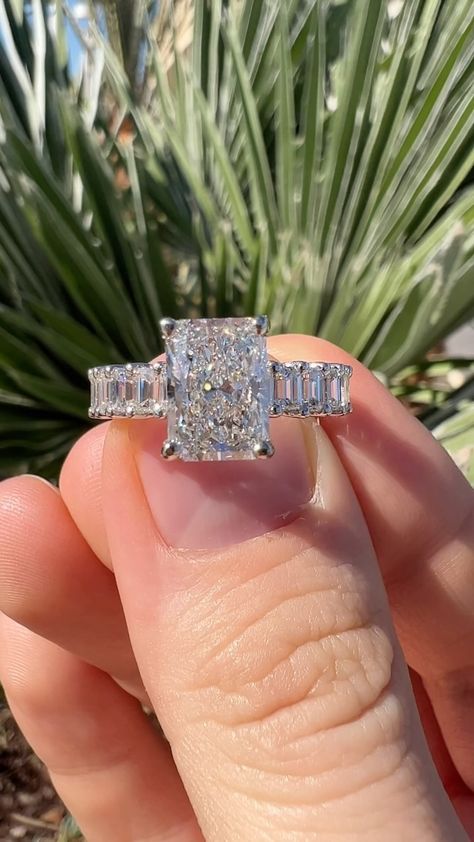 Radiant Engagement Ring With Thick Band, Diamond Ring Aesthetic, Emerald Cut Engagement Ring With Band, Radiant Wedding Ring Set, Emerald Cut Wedding Ring, Radiant Rings, Engagement Ring Radiant Cut, Royal Blue Wedding Theme, Radiant Cut Engagement Ring